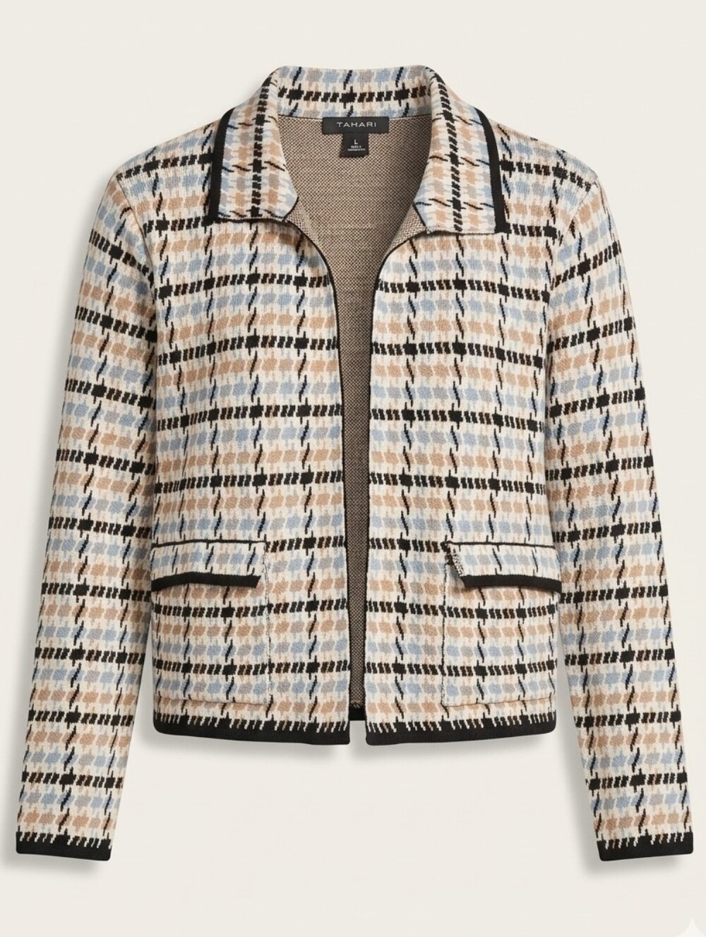 169 Tahari Open Front Houndstooth Knit Cardigan Sweater Blazer Jacket Size L
